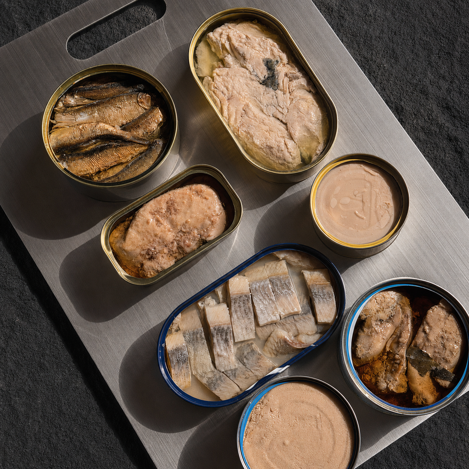 Open Wild Kamchatka canned seafood arranged on a metal tray
